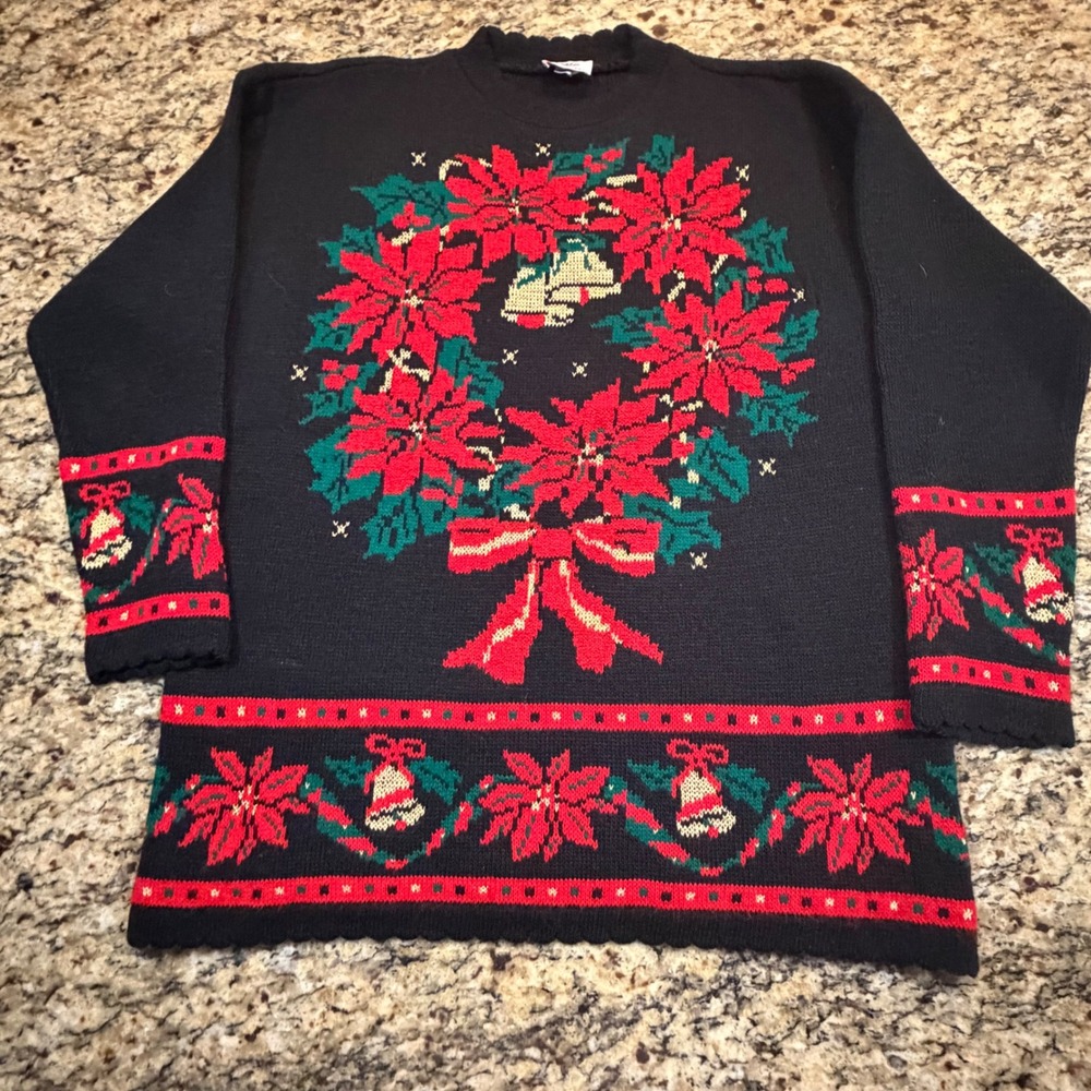 Vintage NutCracker Christmas‎ Sweater Womens Large Poinsettia Wreath Black Lurex